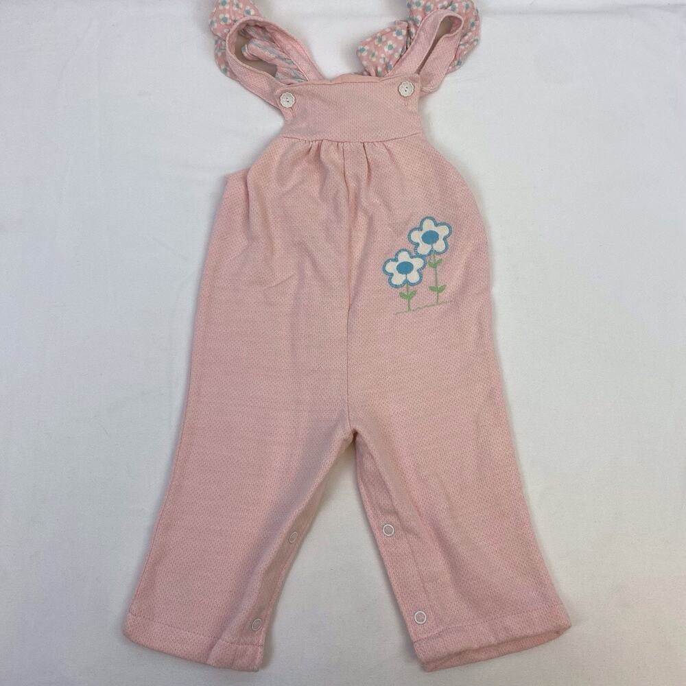 Vintage Health-Tex Baby Overalls Pink Floral Ruffle Applique Snaps Size 18 Month